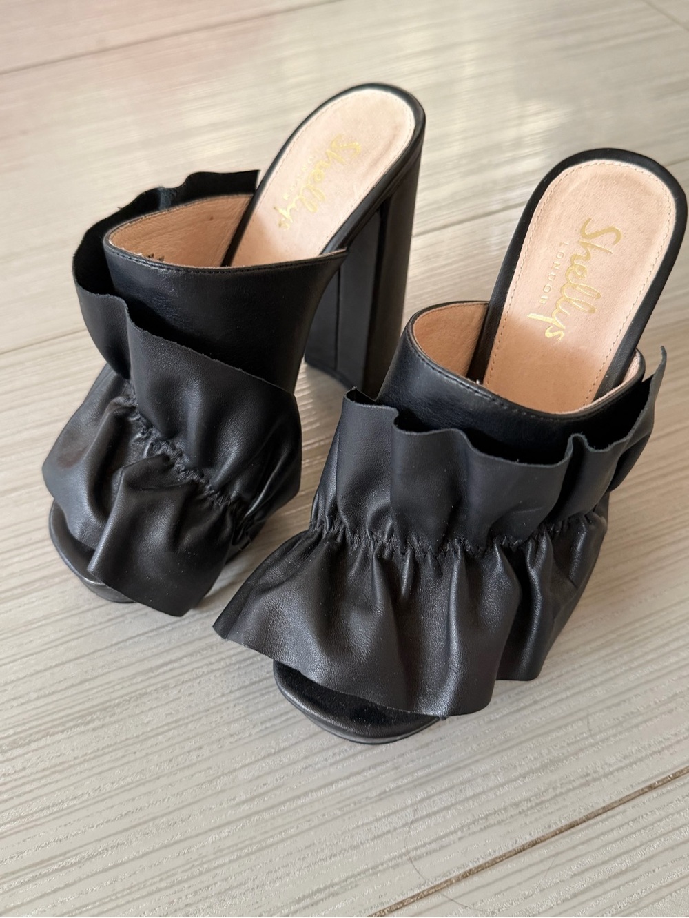 Shellys London Black Ruffle-Front Leather Platform Mules sandals
